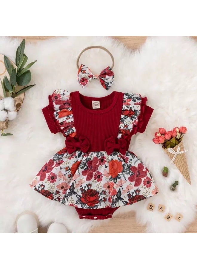 فستان رومبير مزهر مع عصابة رأس لحديثة الولادة - Image 1